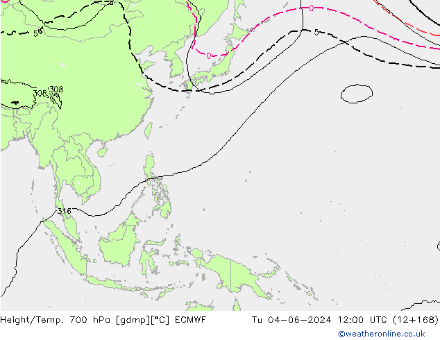 Height/Temp. 700 hPa ECMWF Út 04.06.2024 12 UTC