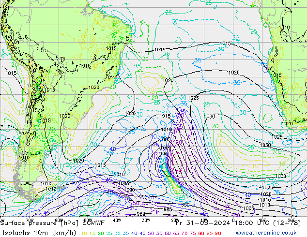 Isotachs (kph) ECMWF ven 31.05.2024 18 UTC