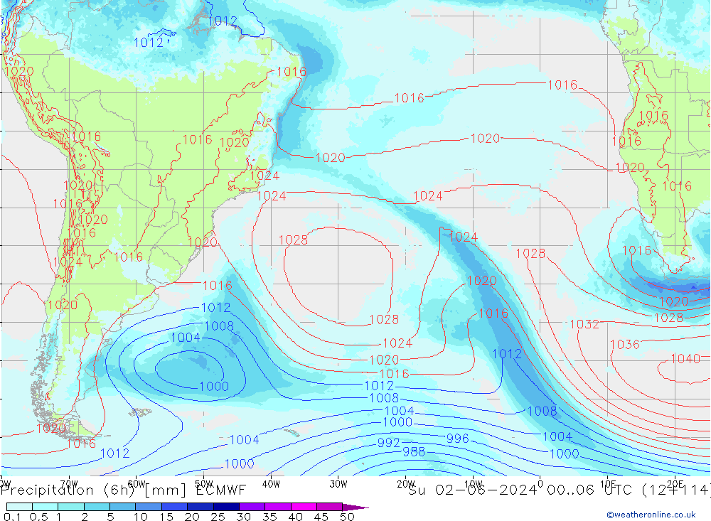 Precipitation (6h) ECMWF Su 02.06.2024 06 UTC