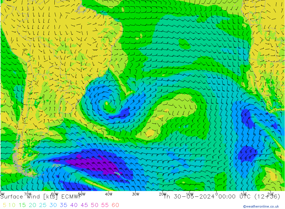 Surface wind ECMWF Čt 30.05.2024 00 UTC