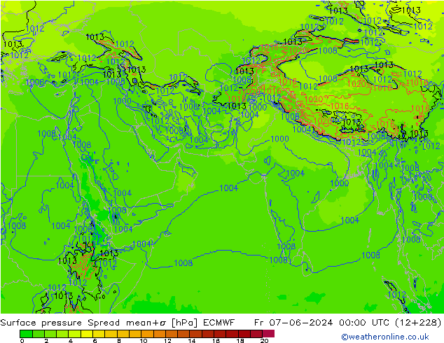 Luchtdruk op zeeniveau Spread ECMWF vr 07.06.2024 00 UTC