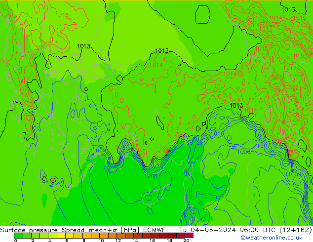 Surface pressure Spread ECMWF Tu 04.06.2024 06 UTC