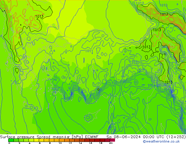 Pressione al suolo Spread ECMWF sab 08.06.2024 00 UTC
