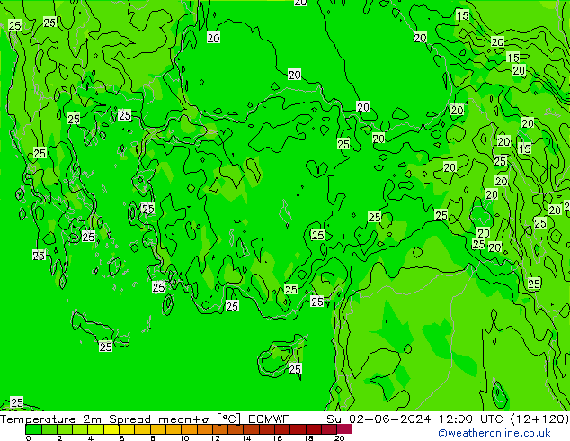 Temperature 2m Spread ECMWF Su 02.06.2024 12 UTC