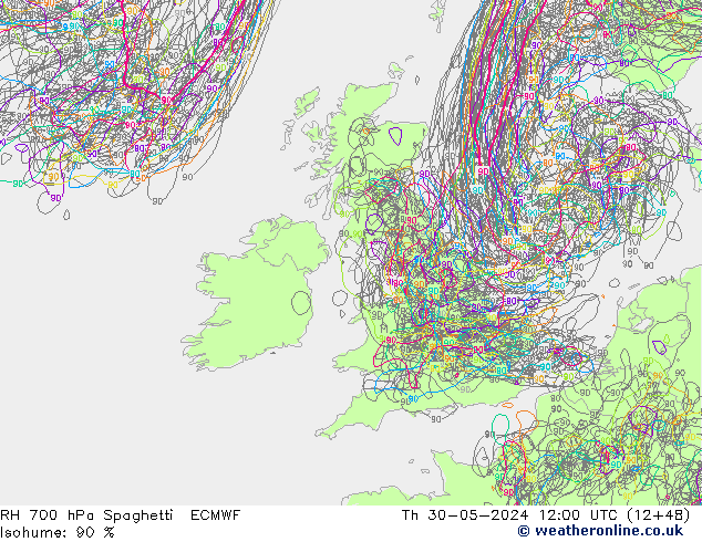 Humedad rel. 700hPa Spaghetti ECMWF jue 30.05.2024 12 UTC