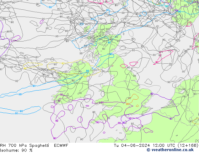 RH 700 hPa Spaghetti ECMWF Di 04.06.2024 12 UTC