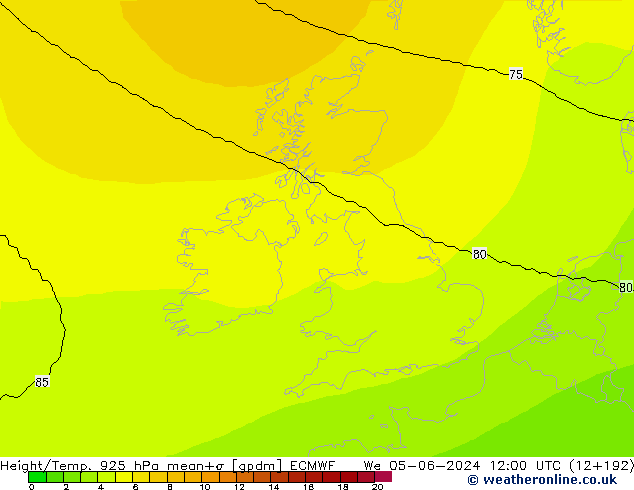 Height/Temp. 925 hPa ECMWF Qua 05.06.2024 12 UTC