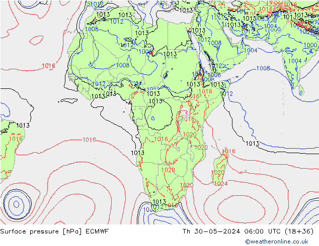 Presión superficial ECMWF jue 30.05.2024 06 UTC