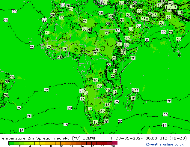 Temperatura 2m Spread ECMWF gio 30.05.2024 00 UTC
