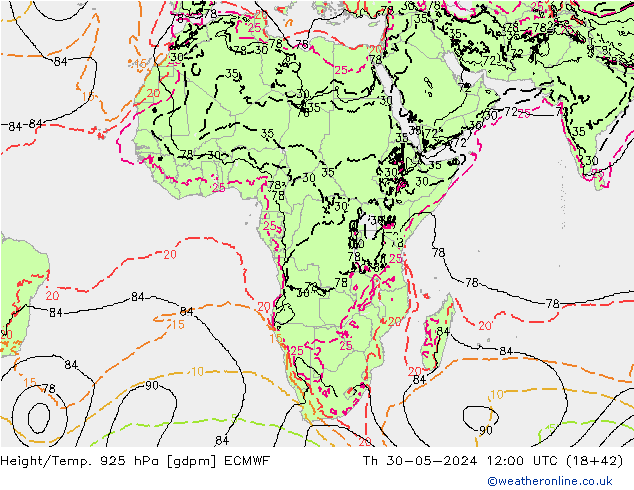 Height/Temp. 925 hPa ECMWF  30.05.2024 12 UTC