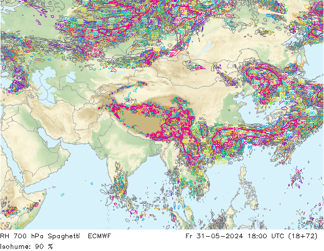 RH 700 hPa Spaghetti ECMWF ven 31.05.2024 18 UTC