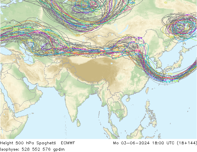 Height 500 hPa Spaghetti ECMWF Mo 03.06.2024 18 UTC