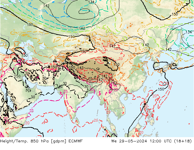 Géop./Temp. 850 hPa ECMWF mer 29.05.2024 12 UTC