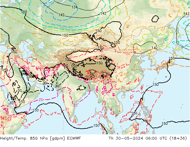 Hoogte/Temp. 850 hPa ECMWF do 30.05.2024 06 UTC