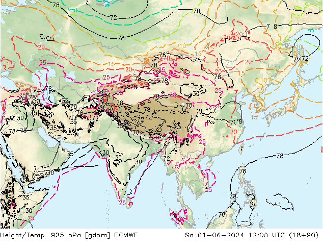 Yükseklik/Sıc. 925 hPa ECMWF Cts 01.06.2024 12 UTC