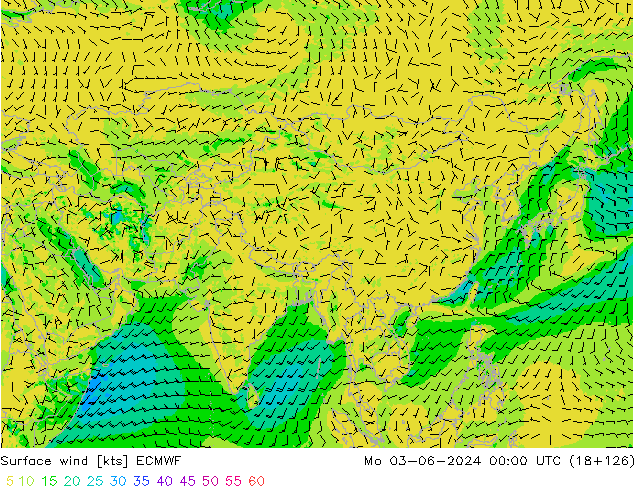 wiatr 10 m ECMWF pon. 03.06.2024 00 UTC