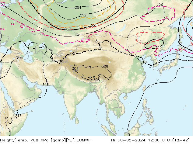 Hoogte/Temp. 700 hPa ECMWF do 30.05.2024 12 UTC