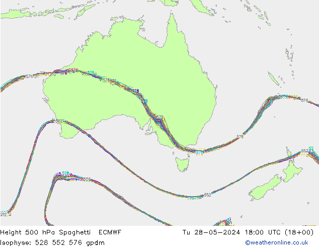 Height 500 hPa Spaghetti ECMWF Di 28.05.2024 18 UTC