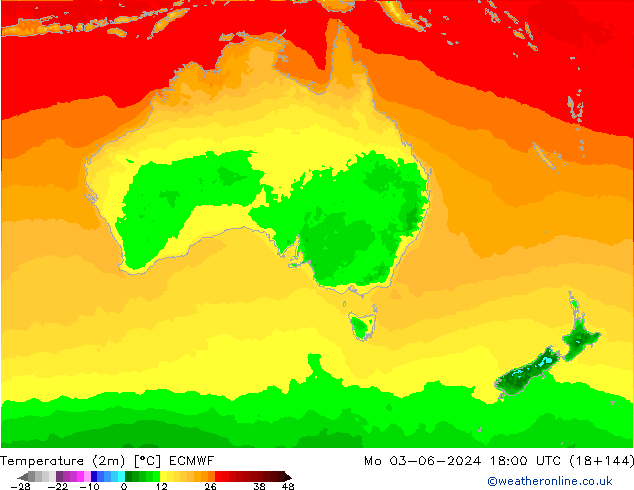 Temperaturkarte (2m) ECMWF Mo 03.06.2024 18 UTC