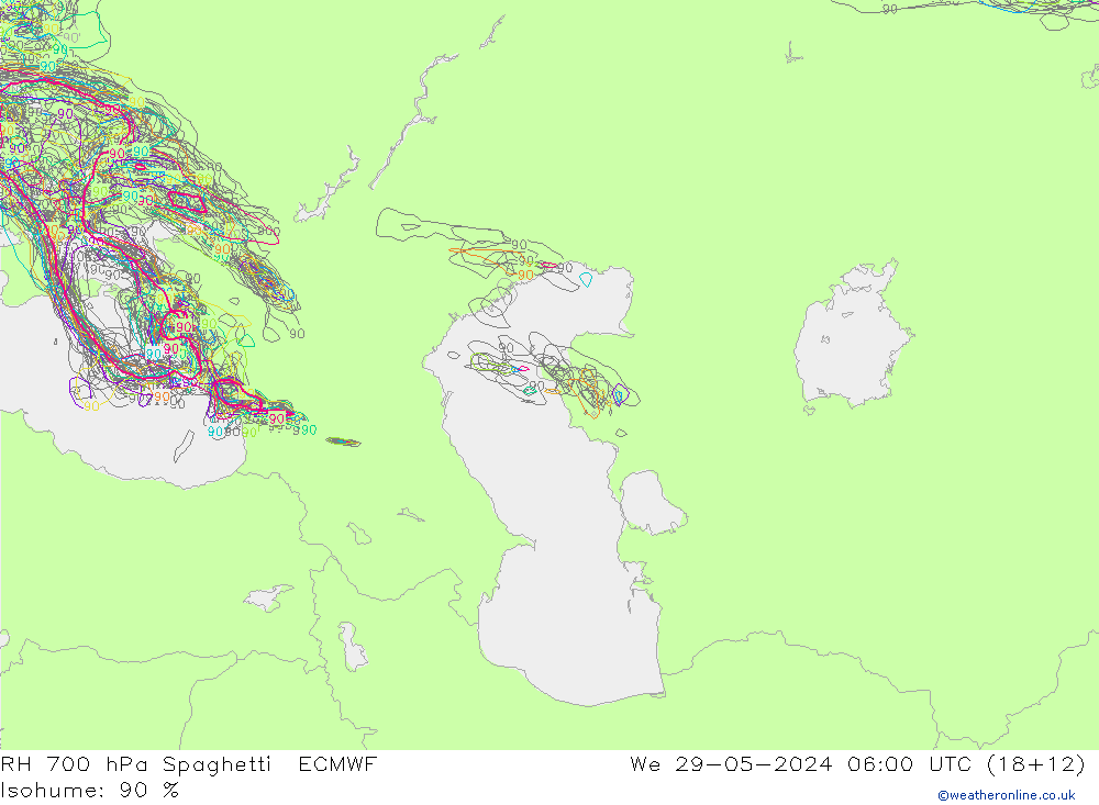 RH 700 гПа Spaghetti ECMWF ср 29.05.2024 06 UTC