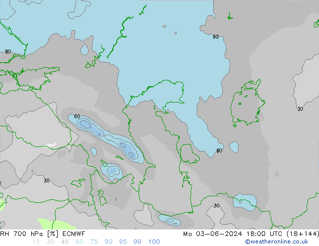 RH 700 hPa ECMWF pon. 03.06.2024 18 UTC