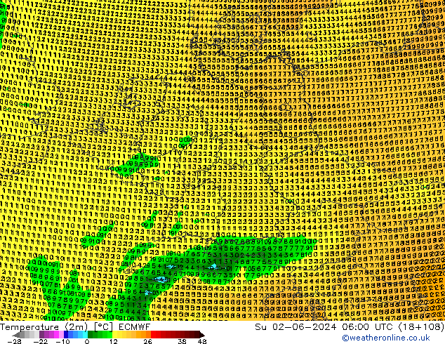 mapa temperatury (2m) ECMWF nie. 02.06.2024 06 UTC