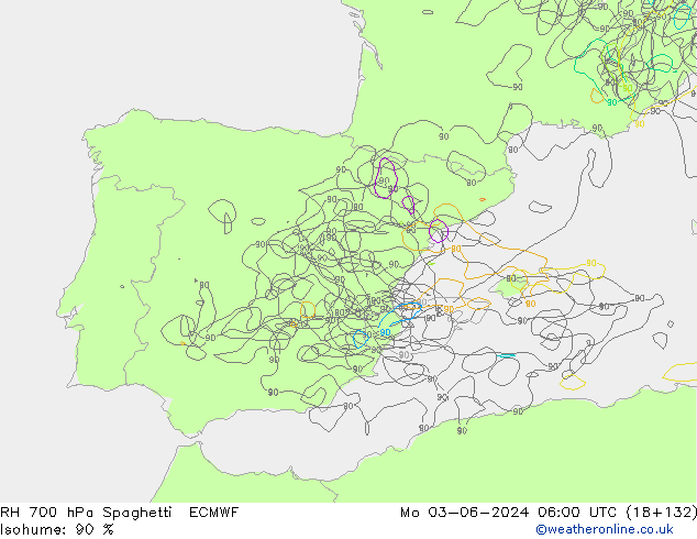 RH 700 hPa Spaghetti ECMWF Mo 03.06.2024 06 UTC