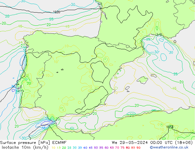 Isotachs (kph) ECMWF St 29.05.2024 00 UTC