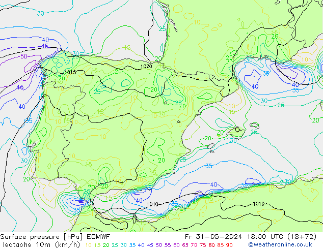 Isotachs (kph) ECMWF пт 31.05.2024 18 UTC