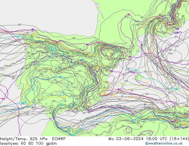 Height/Temp. 925 hPa ECMWF Mo 03.06.2024 18 UTC