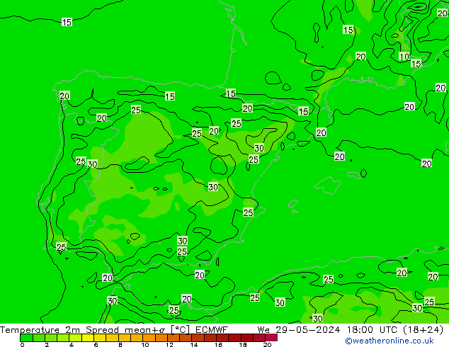 Temperatuurkaart Spread ECMWF wo 29.05.2024 18 UTC