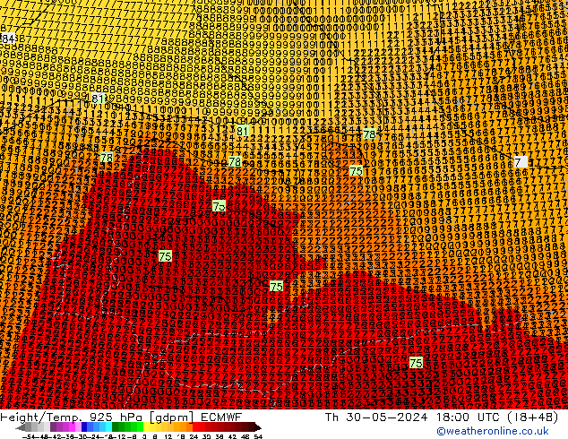 Hoogte/Temp. 925 hPa ECMWF do 30.05.2024 18 UTC