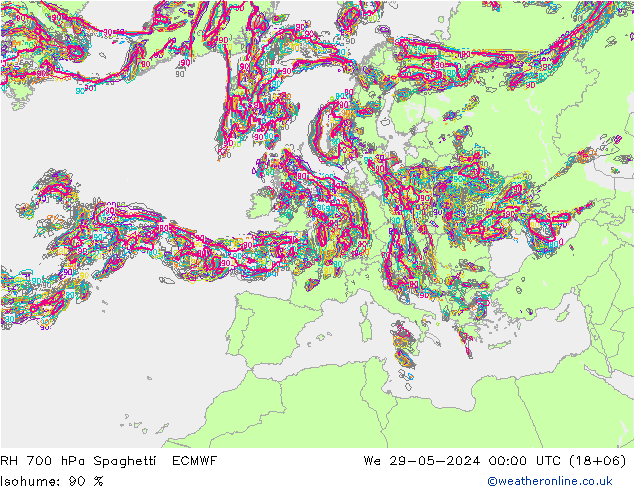 RH 700 hPa Spaghetti ECMWF We 29.05.2024 00 UTC