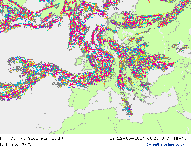 RH 700 гПа Spaghetti ECMWF ср 29.05.2024 06 UTC