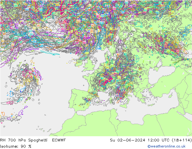 RH 700 hPa Spaghetti ECMWF Ne 02.06.2024 12 UTC