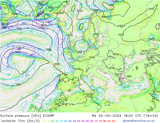 Isotachs (kph) ECMWF Qua 29.05.2024 18 UTC