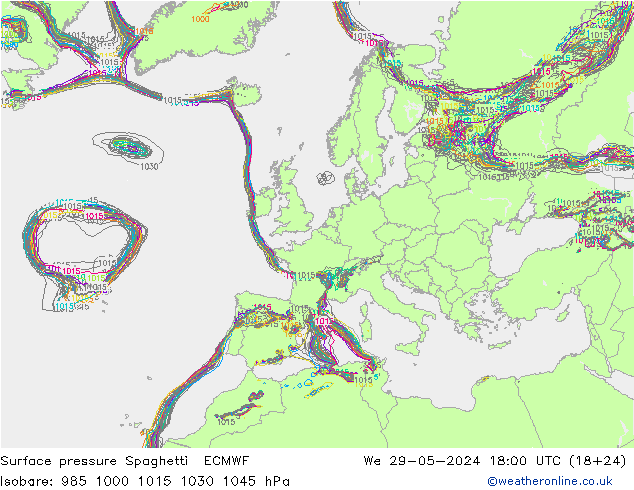 pressão do solo Spaghetti ECMWF Qua 29.05.2024 18 UTC