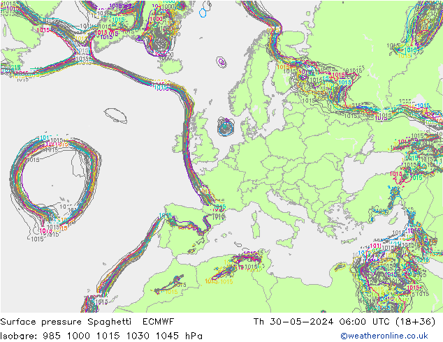 Surface pressure Spaghetti ECMWF Th 30.05.2024 06 UTC