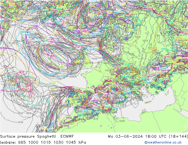 Surface pressure Spaghetti ECMWF Mo 03.06.2024 18 UTC