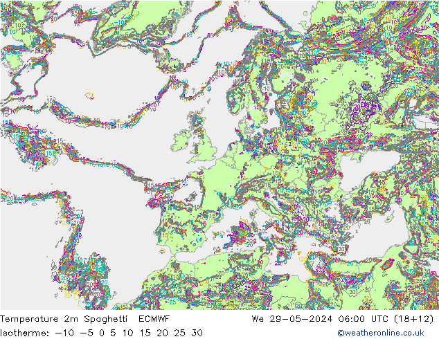 Temperature 2m Spaghetti ECMWF St 29.05.2024 06 UTC