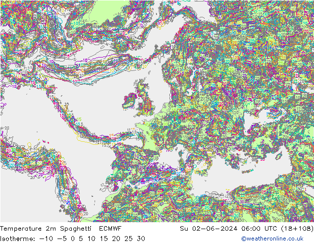 Temperature 2m Spaghetti ECMWF Su 02.06.2024 06 UTC