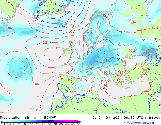 Totale neerslag (6h) ECMWF za 01.06.2024 12 UTC