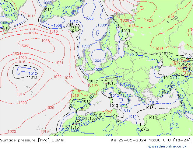 Luchtdruk (Grond) ECMWF wo 29.05.2024 18 UTC