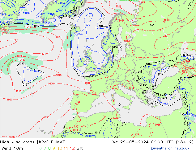 High wind areas ECMWF We 29.05.2024 06 UTC