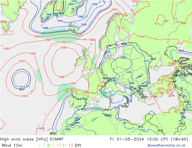 High wind areas ECMWF Fr 31.05.2024 12 UTC