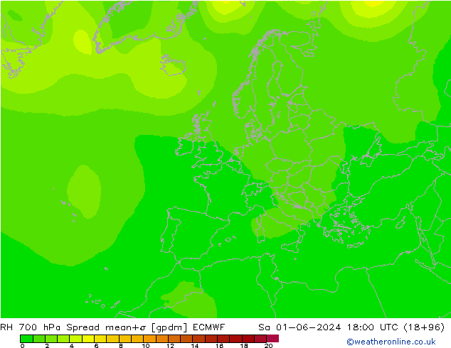 RH 700 hPa Spread ECMWF Sa 01.06.2024 18 UTC