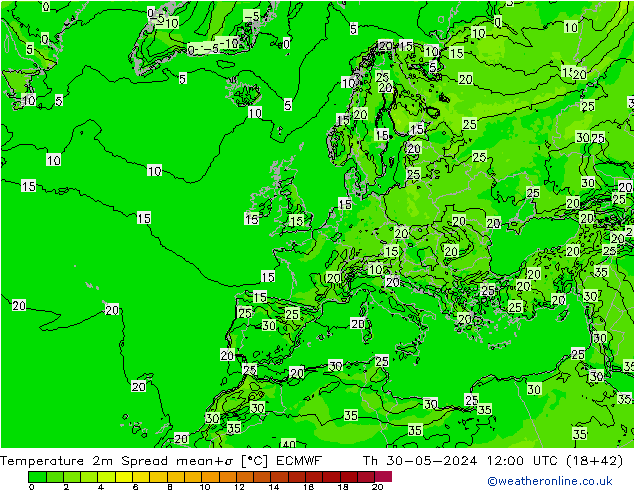 Temperatuurkaart Spread ECMWF do 30.05.2024 12 UTC