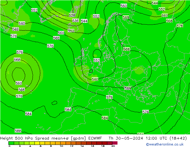 Height 500 hPa Spread ECMWF Th 30.05.2024 12 UTC