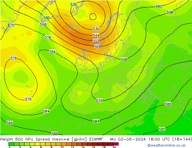 Height 500 hPa Spread ECMWF Mo 03.06.2024 18 UTC