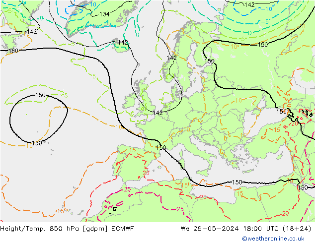 Height/Temp. 850 hPa ECMWF mer 29.05.2024 18 UTC